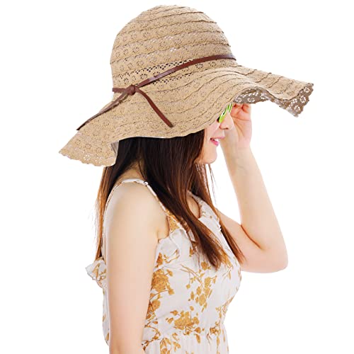 Women Sun Hat Summer Beach Straw Hat Wide Brim Foldable Cap UV UPF 50 Floppy Hat for Outdoor Travel (Khaki)