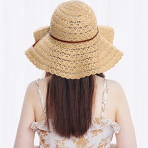 Women Sun Hat Summer Beach Straw Hat Wide Brim Foldable Cap UV UPF 50 Floppy Hat for Outdoor Travel (Khaki)