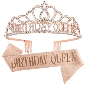 cavetee rose gold birthday crowns for women birthday queen sash and tiara for women rose gold birthday party decorations for women birthday sash and crown for women