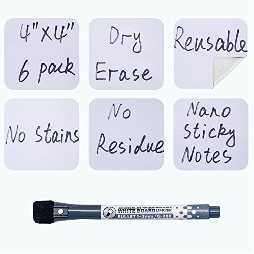 KopYoeHn Dry Erase Sticky Notes, Reusable Whiteboard Stickers for All Smooth Surfaces, Washable and Removable Easy to Post for Office, Home, Classroom, 4X4 inch, 6 Pack