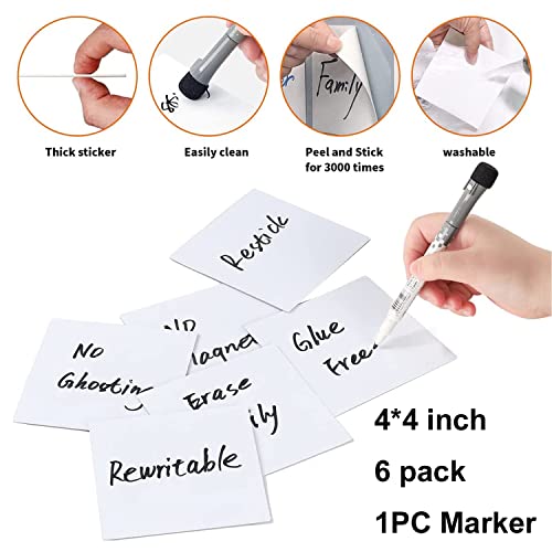 KopYoeHn Dry Erase Sticky Notes, Reusable Whiteboard Stickers for All Smooth Surfaces, Washable and Removable Easy to Post for Office, Home, Classroom, 4X4 inch, 6 Pack