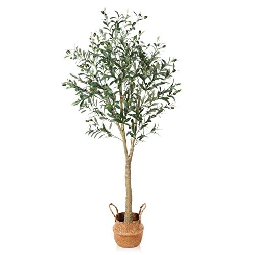 Ferrgoal Artificial Olive Trees 5Ft Fake Olive plant with Basket Faux Plants Indoor Outdoor Fake Tree in pot Slik Plants for Home Decor Office Living Room Perfect Housewarming Gift Green 1Pack