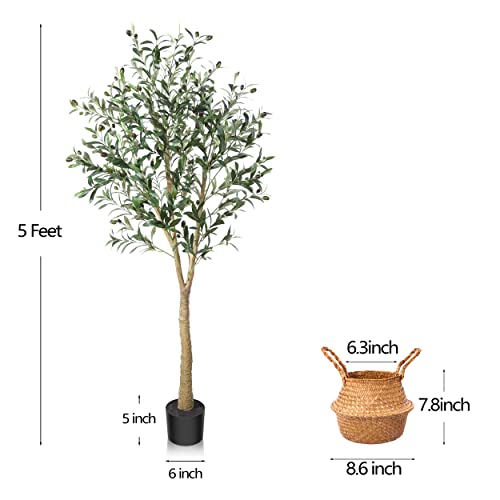 Ferrgoal Artificial Olive Trees 5Ft Fake Olive plant with Basket Faux Plants Indoor Outdoor Fake Tree in pot Slik Plants for Home Decor Office Living Room Perfect Housewarming Gift Green 1Pack