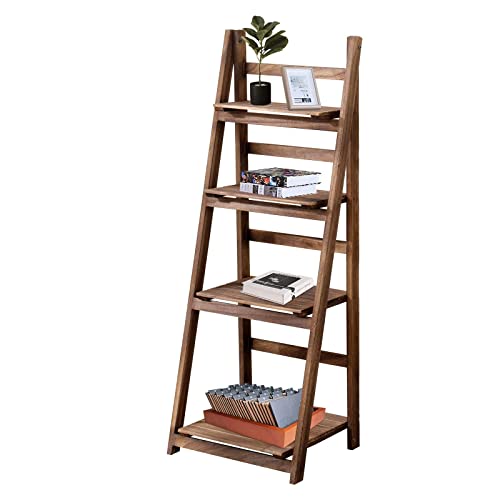 ECOMEX 4 Tier Ladder Shelf, Wooden Ladder Shelf 4 Tier Bookshelf Rustic Foldable Ladder Shelf Storage Rack for Home Bedroom Office, Brown