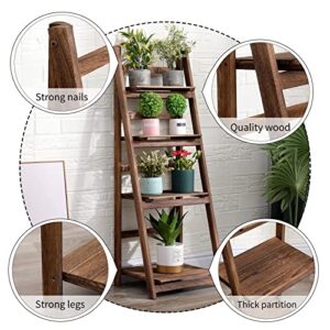 ECOMEX 4 Tier Ladder Shelf, Wooden Ladder Shelf 4 Tier Bookshelf Rustic Foldable Ladder Shelf Storage Rack for Home Bedroom Office, Brown