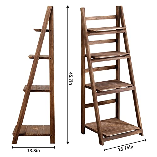 ECOMEX 4 Tier Ladder Shelf, Wooden Ladder Shelf 4 Tier Bookshelf Rustic Foldable Ladder Shelf Storage Rack for Home Bedroom Office, Brown