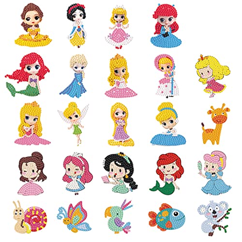 SHOWERRING 24 PCS 5D DIY Diamond Painting Stickers Kits for Kids,Cute Cartoon Princess and Animals Handmade Digital Paint Rhinestone Mosaic Sticker Making for Children Art Craft,Kids Gift