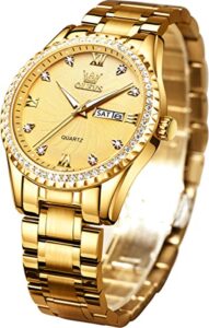 olevs mens watches diamond luxury gold business dress wrist watch quartz stainless steel day date waterproof luminous