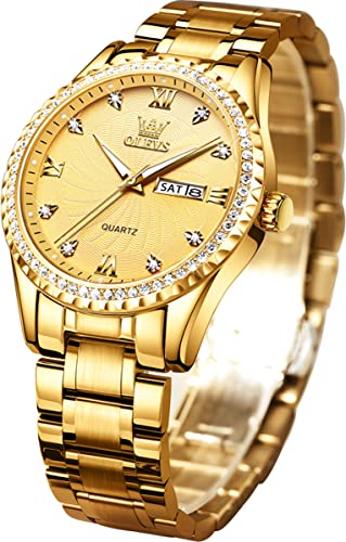 OLEVS Mens Watches Diamond Luxury Gold Business Dress Wrist Watch Quartz Stainless Steel Day Date Waterproof Luminous