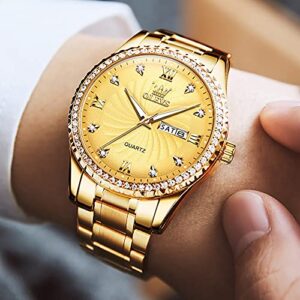 OLEVS Mens Watches Diamond Luxury Gold Business Dress Wrist Watch Quartz Stainless Steel Day Date Waterproof Luminous