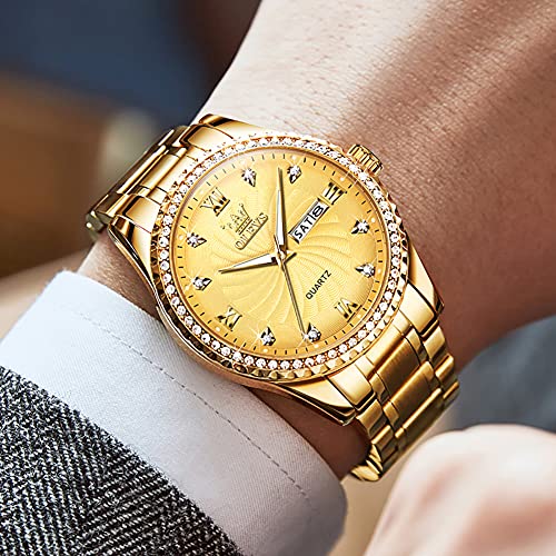 OLEVS Mens Watches Diamond Luxury Gold Business Dress Wrist Watch Quartz Stainless Steel Day Date Waterproof Luminous