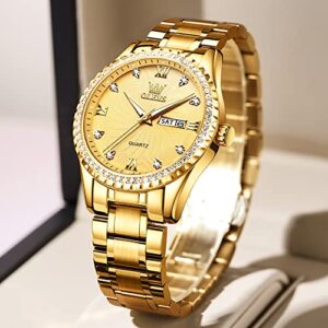 OLEVS Mens Watches Diamond Luxury Gold Business Dress Wrist Watch Quartz Stainless Steel Day Date Waterproof Luminous