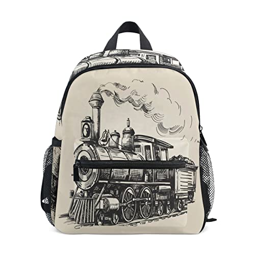 AUUXVA Kids Backpack for Boys Girls Vintage Steam Locomotive Train Toddler Backpack Travel Elementary Kindergarten Preschool Bookbag with Chest Strap