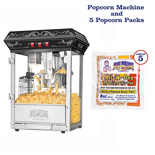 Good Time Countertop Popcorn Machine – 3 Gallon Popcorn Popper, 8oz Kettle, Warmer, and 5 All-in-One Popcorn Packs by Great Northern Popcorn (Black)