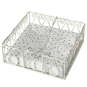 french country style flat napkin holder with flip bar, metal, arabesque details, shabby white finish, 7 x 7 inches