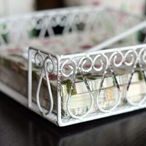 French Country Style Flat Napkin Holder with Flip Bar, Metal, Arabesque Details, Shabby White Finish, 7 x 7 Inches