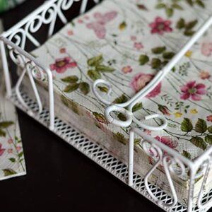 French Country Style Flat Napkin Holder with Flip Bar, Metal, Arabesque Details, Shabby White Finish, 7 x 7 Inches