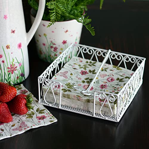 French Country Style Flat Napkin Holder with Flip Bar, Metal, Arabesque Details, Shabby White Finish, 7 x 7 Inches