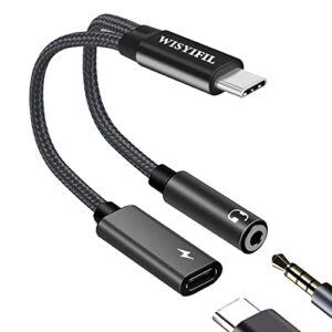 wisyifil 384khz/32bit pd 60w usb c audio and charger splitter, type c to 3.5mm headphone and charger adapter, galaxy s21/s22 adapter for aux and charger-black