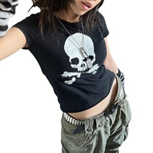 y2k fairy grunge crop tops women aesthetic baby tees t shirts teen girls short sleeve cute slim fitted harajuku gothic goth punk graphic printed vintage halloween clothes (black skull, m)