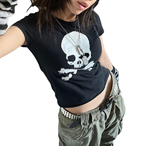 Y2k Fairy Grunge Crop Tops Women Aesthetic Baby Tees t Shirts Teen Girls Short Sleeve Cute Slim Fitted Harajuku Gothic Goth Punk Graphic Printed Vintage Halloween Clothes (Black Skull, M)