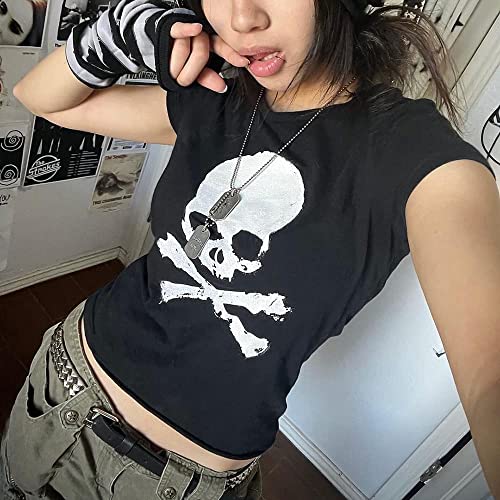 Y2k Fairy Grunge Crop Tops Women Aesthetic Baby Tees t Shirts Teen Girls Short Sleeve Cute Slim Fitted Harajuku Gothic Goth Punk Graphic Printed Vintage Halloween Clothes (Black Skull, M)