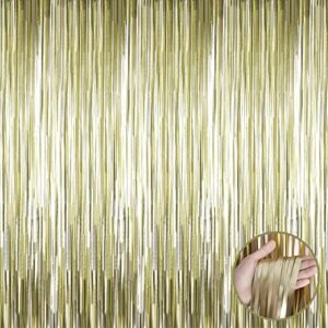 halloweendecorate 4 pack light gold foil fringe curtain backdrop, 3.28ft x 9.84ft metallic tinsel streamers curtains for party, photo booth props, birthday, 2022 graduation decoration supplies
