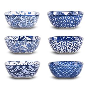 selamica ceramic 2.6 oz square dipping bowl set, soy sauce dish 3 inch small bowls for ketchup condiments side dish bbq, ramekins oven safe, stackable, set of 6, vintage blue