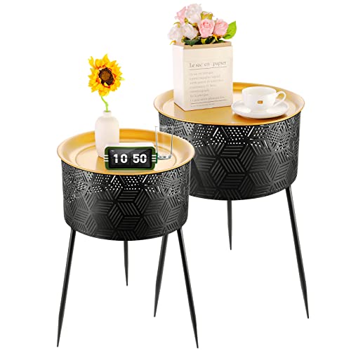 JEROAL Round Side Table Set of 2, End Table with Durable Iron Legs Support, Small Side Accent Table with Storage for Living Room Bedroom Outdoor and Small Space, Easy Assembly.