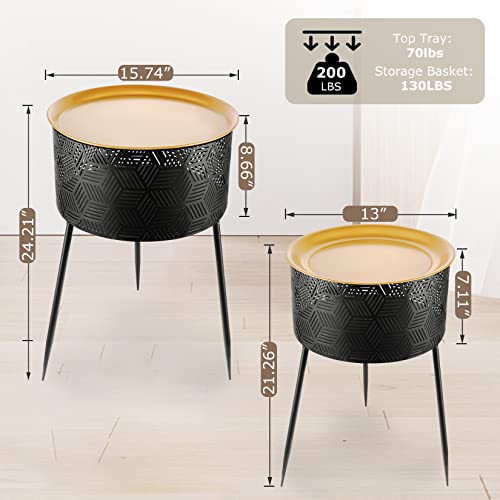 JEROAL Round Side Table Set of 2, End Table with Durable Iron Legs Support, Small Side Accent Table with Storage for Living Room Bedroom Outdoor and Small Space, Easy Assembly.