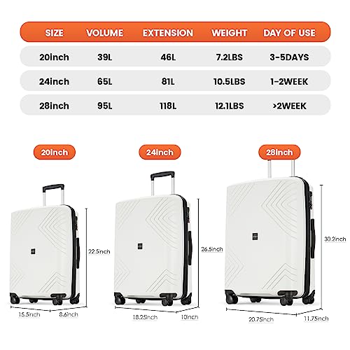 GinzaTravel Rune series expandable 3 Luggage Sets,Lightweight Hardside Suitcase With Spinner Wheels TSA Lock,PP material business fashion suitcase (White, 3-Piece Set(20"/24"/28"))