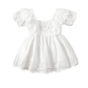newborn infant girls short sleeve lace dress solid color hollow out ruffles decor sweet dress, casual girls white lace dress (white, 0-3 months)
