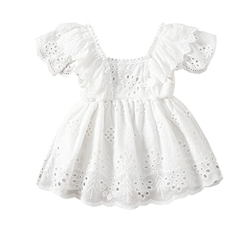 Newborn Infant Girls Short Sleeve Lace Dress Solid Color Hollow Out Ruffles Decor Sweet Dress, Casual Girls White Lace Dress (White, 0-3 Months)