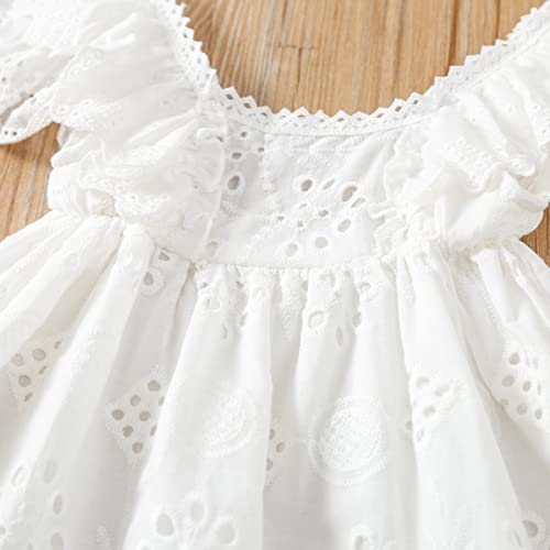 Newborn Infant Girls Short Sleeve Lace Dress Solid Color Hollow Out Ruffles Decor Sweet Dress, Casual Girls White Lace Dress (White, 0-3 Months)