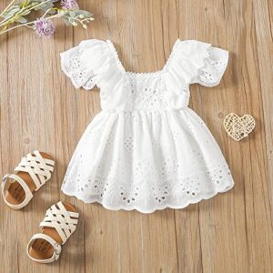 Newborn Infant Girls Short Sleeve Lace Dress Solid Color Hollow Out Ruffles Decor Sweet Dress, Casual Girls White Lace Dress (White, 0-3 Months)