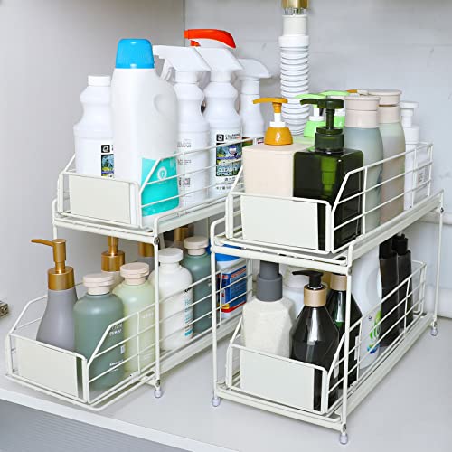 CADUKE 2-Tier Under Sink Cabinet Organizer with Sliding Basket Drawer, Bathroom Under Sink Storage Set of 2 Under Cabinet Organizers and Storage Pull Out, White Mesh Metal