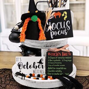 Halloween Decorations - Halloween Decor - Farmhouse Tiered Tray Decor Items - 3 Rustic Wooden Signs, Cute Witch Cauldron Gnomes Plush and Beads Garland for Fall Indoor Home Table Room Kitchen Office