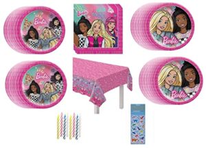 barbie dream birthday party supplies bundle pack includes dessert plates, lunch plates, napkins, table cover, candles (bundle for 16)