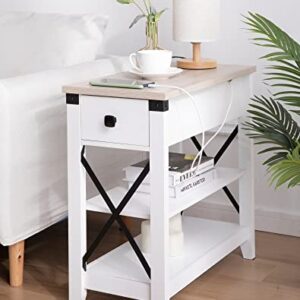 Awescuti Narrow End Table with Charging Station Farmhouse Slim Side Table with USB Ports and Power Outlets, Nightstand with Flip Top and Storage Drawer, for Small Spaces Living Room Bedroom, White