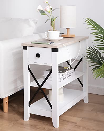 Awescuti Narrow End Table with Charging Station Farmhouse Slim Side Table with USB Ports and Power Outlets, Nightstand with Flip Top and Storage Drawer, for Small Spaces Living Room Bedroom, White