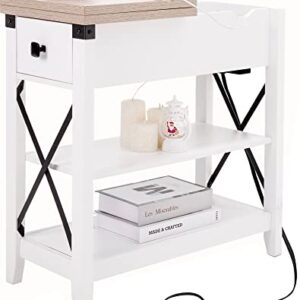 Awescuti Narrow End Table with Charging Station Farmhouse Slim Side Table with USB Ports and Power Outlets, Nightstand with Flip Top and Storage Drawer, for Small Spaces Living Room Bedroom, White