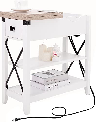 Awescuti Narrow End Table with Charging Station Farmhouse Slim Side Table with USB Ports and Power Outlets, Nightstand with Flip Top and Storage Drawer, for Small Spaces Living Room Bedroom, White