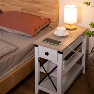 Awescuti Narrow End Table with Charging Station Farmhouse Slim Side Table with USB Ports and Power Outlets, Nightstand with Flip Top and Storage Drawer, for Small Spaces Living Room Bedroom, White