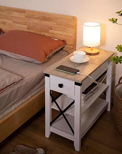 Awescuti Narrow End Table with Charging Station Farmhouse Slim Side Table with USB Ports and Power Outlets, Nightstand with Flip Top and Storage Drawer, for Small Spaces Living Room Bedroom, White