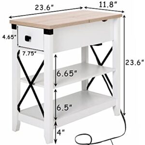 Awescuti Narrow End Table with Charging Station Farmhouse Slim Side Table with USB Ports and Power Outlets, Nightstand with Flip Top and Storage Drawer, for Small Spaces Living Room Bedroom, White