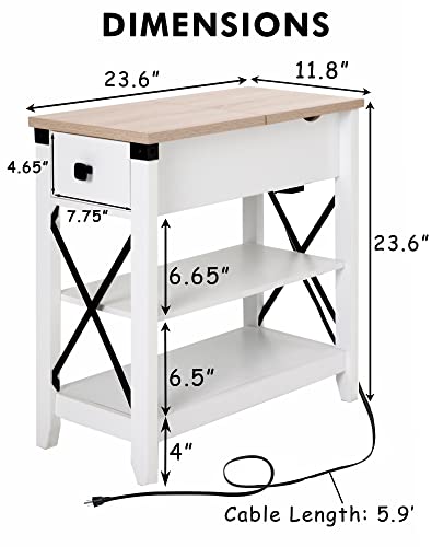 Awescuti Narrow End Table with Charging Station Farmhouse Slim Side Table with USB Ports and Power Outlets, Nightstand with Flip Top and Storage Drawer, for Small Spaces Living Room Bedroom, White