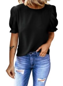 dokotoo womens elegant puff short sleeve crewneck chiffon summer tops, casual loose office work shirts - black medium