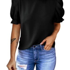 Dokotoo Womens Elegant Puff Short Sleeve Crewneck Chiffon Summer Tops, Casual Loose Office Work Shirts - Black Medium