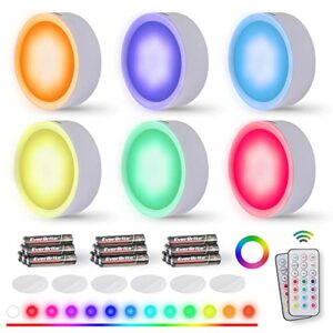 everbrite puck lights with remote, wireless led puck lights battery operated, 13 rgb colors changing under cabinet lights, dimmable closet lights with timer, battery included (6-pack)