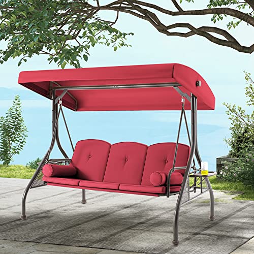 GYUTEI 3-Seat Outdoor Patio Swing Chair,Porch Swing Chair with Adjustable Backrest and Canopy,Outdoor Porch Swing Glider Chair,w/Cushions,Pillows and Cup Holders for Porch, Backyard(Wine RED)